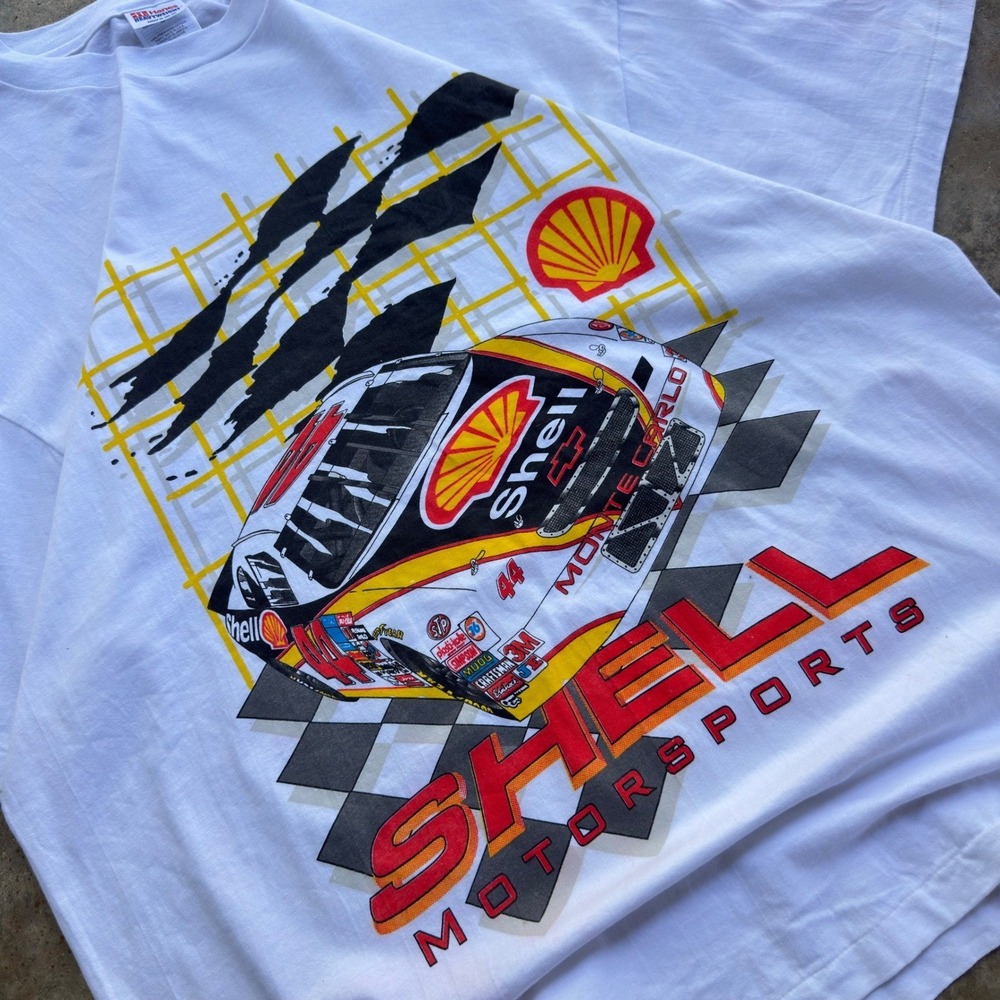 Vintage 90s Hanes Shell Motorsports‎ Graphic Tee Single Stitch White XL g4a